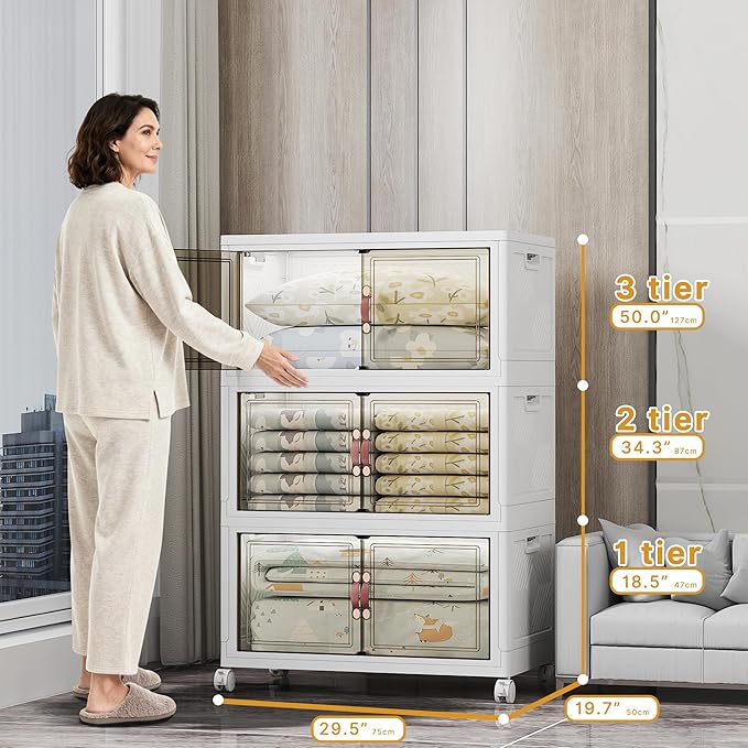 UAMFURI Stackable Storage Bins with Lids, 525QT Closet Organizers and Storage with Doors and Wheels, Extra Large Storage Cabinet, Collapsible Plastic Drawers for Bedroom Dorm Office Garage