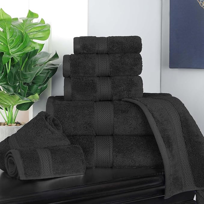 Superior Egyptian Cotton 8-Piece Solid Towel Set, Washcloths 13” x 13”, Hand Towels 20” x 30”, Bath Towels 30” x 55”, Black, 8-Pieces by Superior