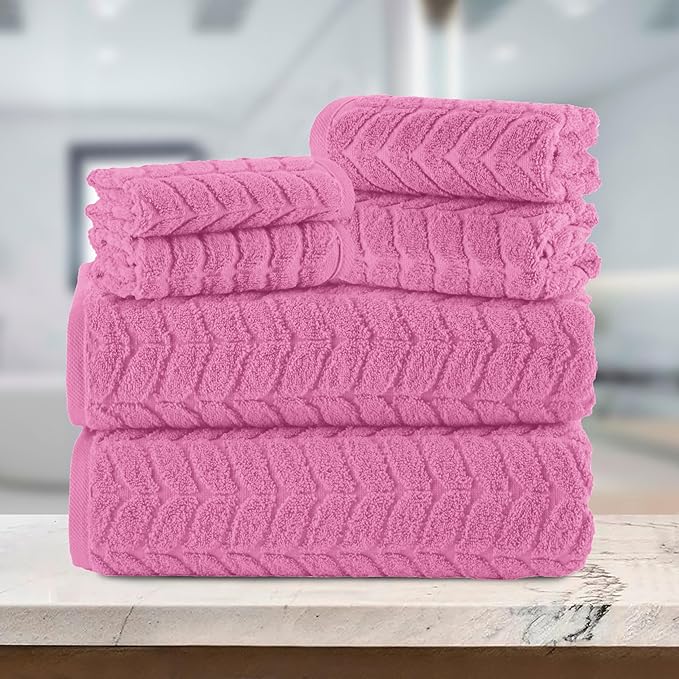 Elegant Comfort Luxury 6-Piece 100% Turkish Cotton Jacquard Braided Textured Premium Hotel Quality Towel Set– Soft and Absorbent, Includes 2 Bath Towels, 2 Hand Towels and 2 Washcloths, Light Pink