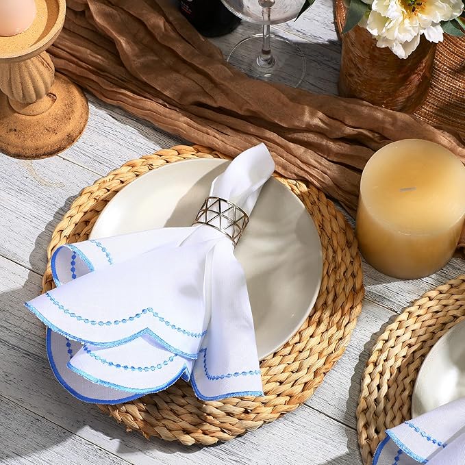 Hahafelt 12 Set Cloth Napkins 18x18inches Scalloped Embroidery Cloth Napkins Washable Polyester Table Dinner for Hotel Restaurant Weddings Events Parties (Blue)