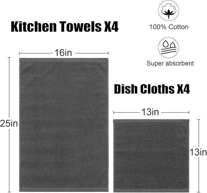 100% Cotton Kitchen Towels and Dishcloths Set, Pack of 8 Super Absorbent 16" x 25" Kitchen Towels and 13" x 13" Dish Cloths (400 GSM)