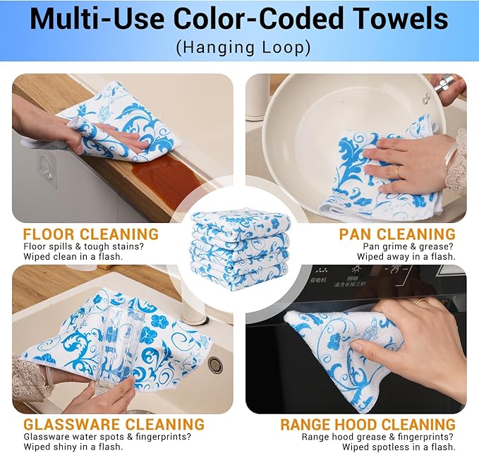YUA Microfiber Cleaning Cloth 12 Pack,Microfiber Towels Cleaning,Microfiber Towels for Cars,Absorbent Dish Washing Cloth,Reusable Cleaning Cloths Lint Free (Blue Bellflower)