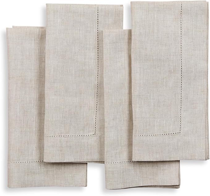 Solino Home Light Natural Linen Napkins Set of 4-100% Pure Linen Hemstitch Dinner Napkins 20 x 20 Inch for Spring, Summer, Mothers Day - Classic Hemstitch
