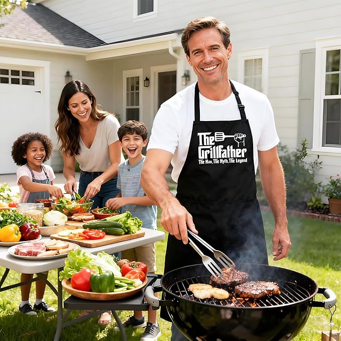 Kaidouma Grill Apron BBQ Aprons for Men Dad - The Grillfather - Funny Chef Cooking Grilling Apron for Dad with 2 Pockets and 40" Long Ties