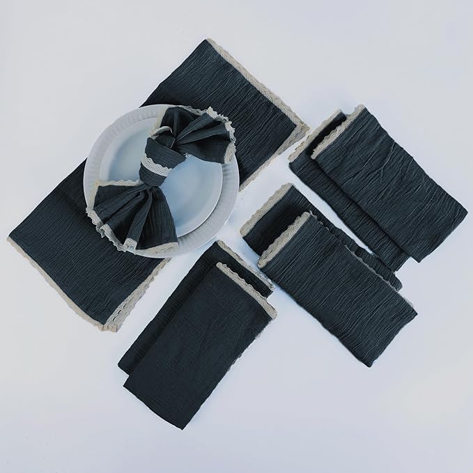 Fingercraft Dinner Cloth Napkin Cotton Muslin Double Gauze 4 Pack with Classic Lace for Everyday Use, Wedding, Party, Christmas, Easter Napkins Cloth are Pre Shrunk and Good Absorbency Black