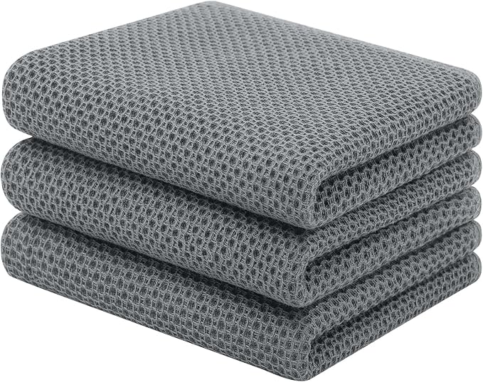 Homaxy 100% Cotton Waffle Weave Kitchen Towels, 3-Pack Ultra Soft Absorbent Dish Towels, Quick Drying Cleaning Towels, 13 x 28 Inches, Grey