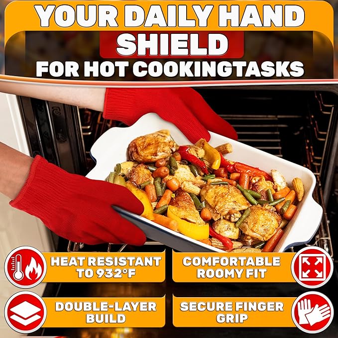 Heat Resistant Gloves for Cooking & Grilling – Aramid Oven Gloves with Fingers, Lightweight BBQ Gloves with Cotton Lining, Non-Slip, 9.45"x3.94" Kitchen Mitts for Baking & Frying, Great Gift for Chefs
