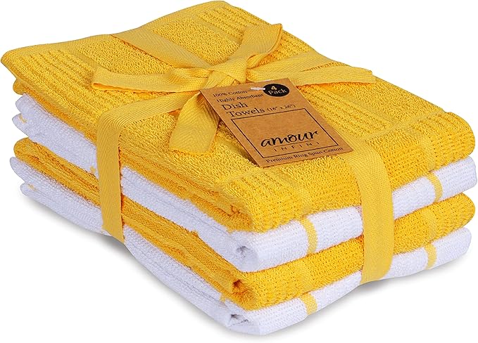 AMOUR INFINI Kitchen Towels Pack of 4, Terry Cotton Dish Towels, Ultra Absorbent, Quick Drying Hand & Tea Towels, Soft Durable Cleaning Cloths with Hanging Loop, 16 x 26 Inch (Yellow)