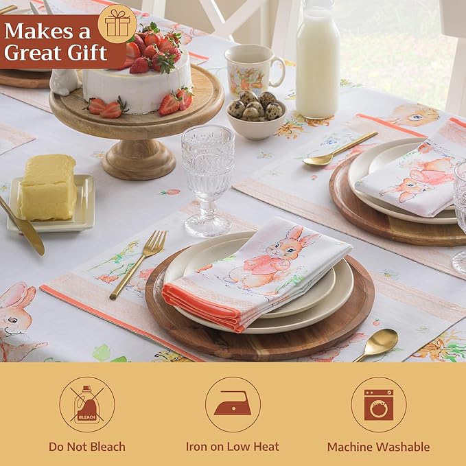 Maison d' Hermine Cloth Napkins Set of 4 100% Cotton Everyday Reusable Square Napkins Cloth Washable Dinner Party Wedding Restaurant Gifts for Mothers Day Spring/Summer (Bunny Party, 20" x 20")