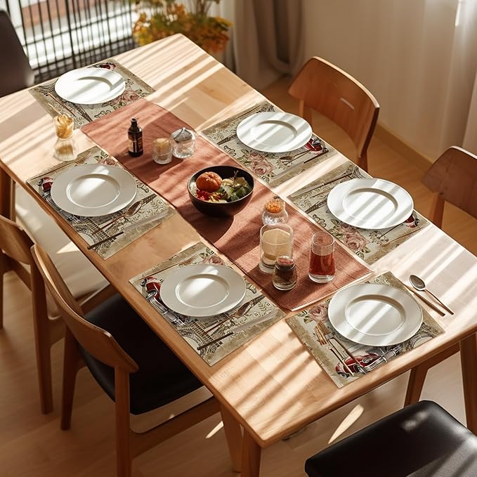 Eiffel Tower in Paris Placemats Set of 6,Washable Heat Resistant 12×18 Inch Linen Table Mats Vintage Place Mats for Party Outdoor Dining Décor