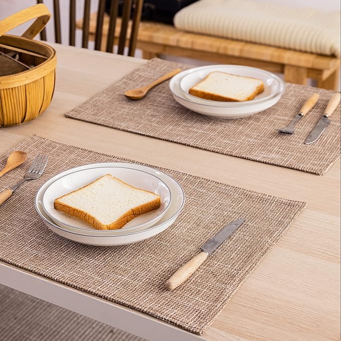 Kevin Textile Burlap Linen Placemats Set of 6 Heat Resistant Dining Table Place Mats Washable Kitchen Table Mats for Dinning Party Holiday Indoor Outdoor, 13 x19 inches, Natural Linen