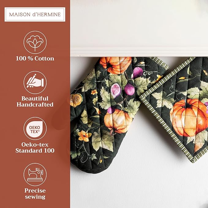 Maison d' Hermine 100% Cotton Oven Mitt & Pot Holder Set (7.5"x13" & 8"x8") Heat Resistant BBQ Cooking Gloves with Loop for Christmas Decorations Handling Hot Pans (Pumpkin Garden - Dark Green)