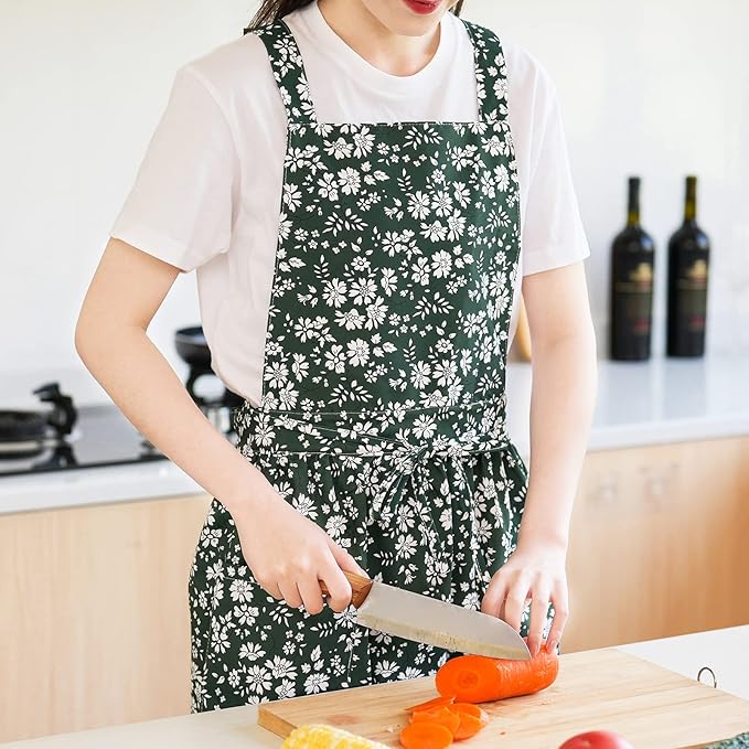 Pinknoke Vintage Pinafore Apron Dress for Women with Pockets Cute Floral Chef Aprons for Kitchen Cooking Baking Gardening