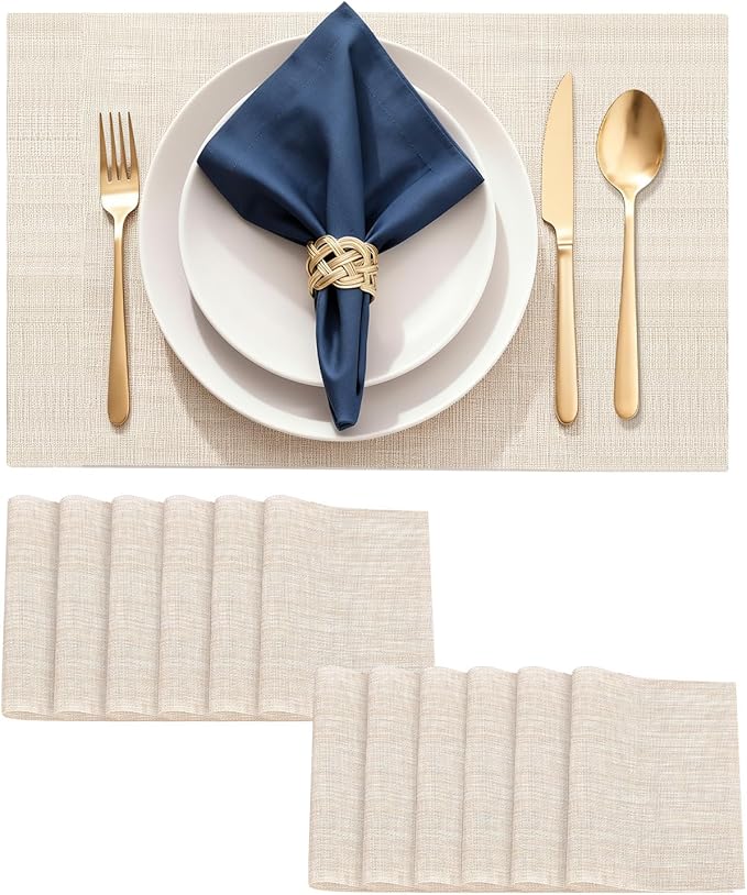 Durable Vinyl Placemats Set of 12, Non-Slip for Dining Table Mat, Heat Resistant Place Mats, Washable Anti-Slip PVC Easy to Clean Wipeable Premium Plastic Mats for Kitchen Beige