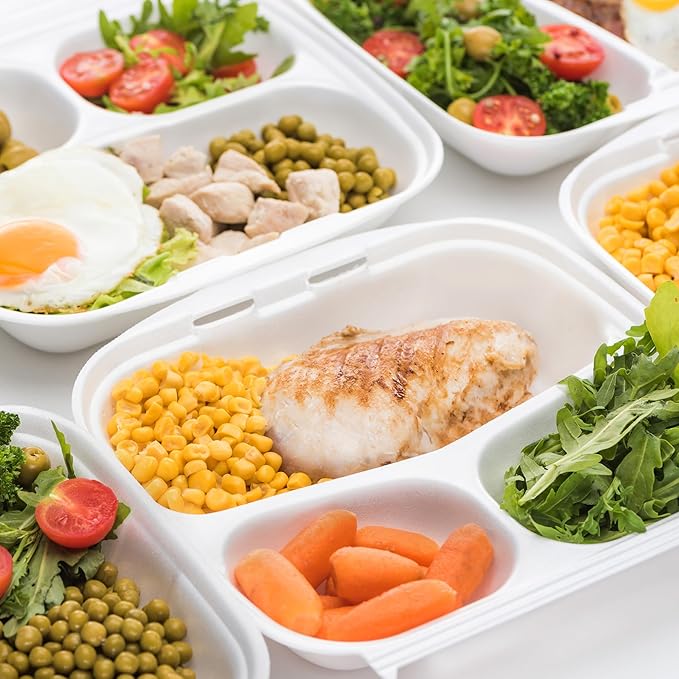 Freshware Compostable Clamshell Food Containers [8x8] 3-Compartment, Disposable - Paper Food Containers - Microwave & Freezer Safe, Stackable (Pack of 200)