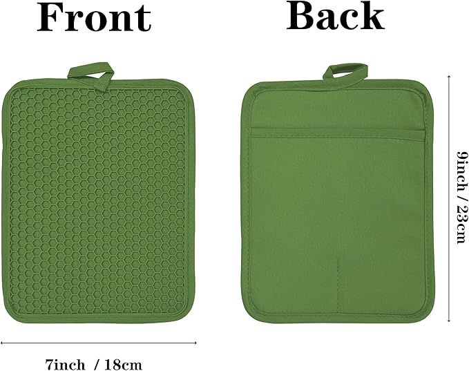 Oven Pot Holder with Pocket Cotton Heat Resistant Coaster Potholder Kitchen Hot Pad Oven Mitts for Cooking and Baking Square 7"x9" (Green, Silicone)