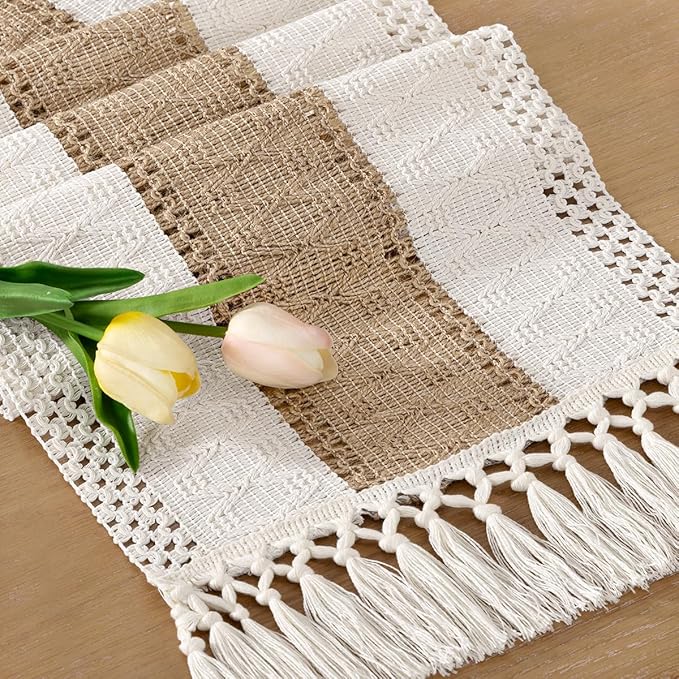 Socomi Boho Table Runner Easter Spring Farmhouse Rustic Dining Kitchen Centerpiece Decor Small Macrame Woven Cotton Linen Coffee Table Runner for Dresser Scarf Home Decor 12x108 inch