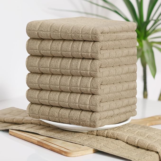 Homaxy Premium Cotton Kitchen Towels 16"x 28", Large Natural Ring Spun 390 GSM Dish Towels, Super Absorbent Terry Kitchen Hand Towels, Soft Tea Towels with Hanging Loop, Pure Tan Design, 6 Pack