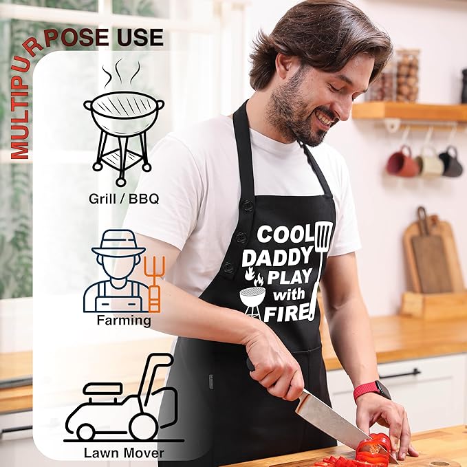 TOSHE Funny Apron Waterdrop Resistant Cotton Apron with adjustable Aprons for Women with Pockets 12 Color option Cooking (Black - Cool Daddy Play with Fire)