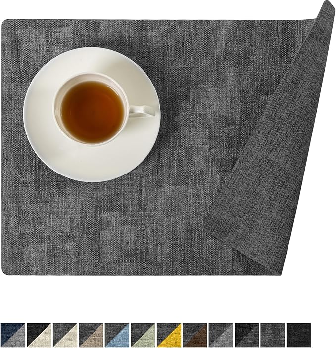 Romanstile Vinyl Placemats Set of 6-12x17 Inch, Reversible Waterproof Washable Non Slip Table Mats, Faux Leather Heat Resistant Wipeable Table Placemats for Dining/Party/Indoor/Outdoor, Dark Grey