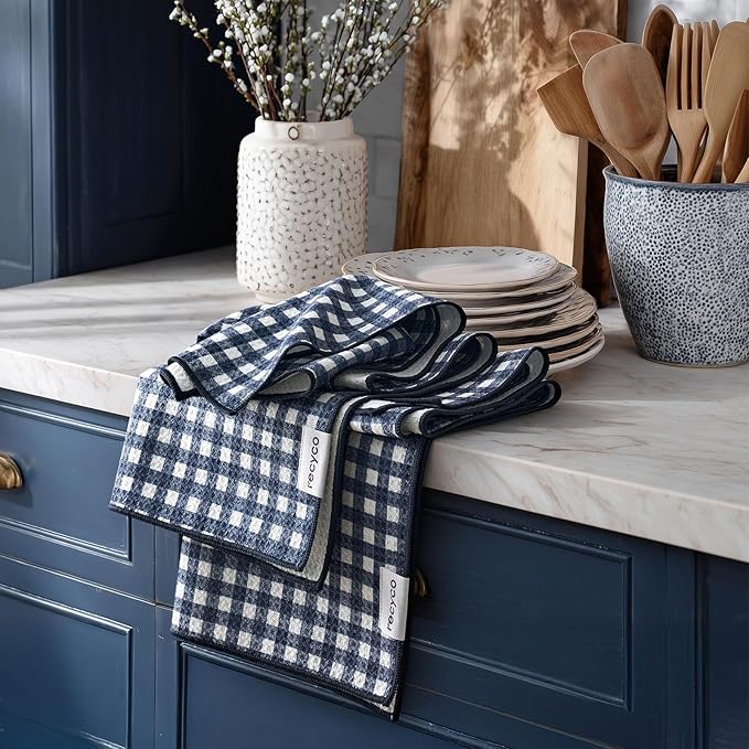 RECYCO Waffle Kitchen Towel Set of 2 - Quick Dry Microfiber Sustainable Dish Towels - Ultra Absorbent Reusable Cleaning Tea Towels - Lightweight Hand Towels,16”x 28”, Navy Blue Plaid