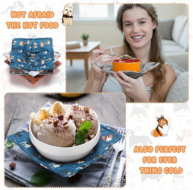 CHENGU 4 Pcs Dog Style Microwave Bowl Cozy Holders for Hot Food Hot Pad Soup Bowl Potholder Heat Resistant Multipurpose Quilted Safe Holder for Kitchen Plate Supply Blue, Orange, Yellow, Gray