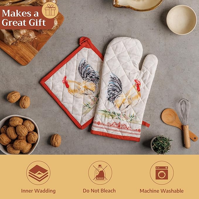 Maison d' Hermine 100% Cotton Oven Mitt & Pot Holder Set (7.5"x13" & 8"x8") Heat Resistant BBQ Cooking Gloves with Loop Baking Grilling Kitchen Gifts for Mothers Day Spring/Summer (Campagne)