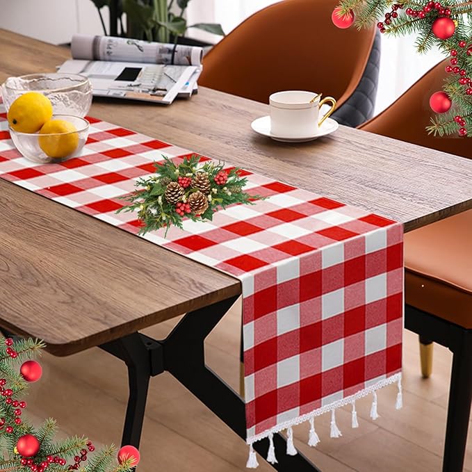 DUOBAO Checkered Table Runner 14x90-Inch Red and White Buffalo Plaid Tablecloth Runners with Tassels Farmhouse Gingham Fabric 90 Inch for Dinner Parties Christmas Events (Red and White)