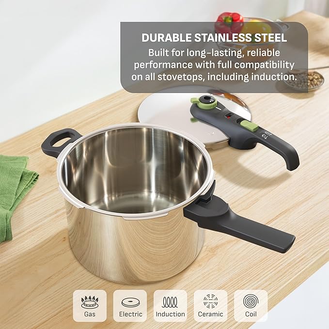 T-Fal Secure Stainless Steel Pressure Cooker, 6.3 Quart, Steam Basket, Induction, Secure Locking System, Easy and Safe Opening, Compatible with All Cooktops, Dishwasher Safe, Silver