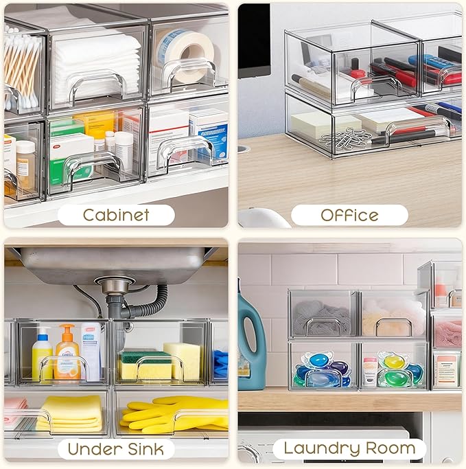Criusia Stackable Storage Drawers, 6 Pack Clear Plastic Makeup & Bathroom Organizer, Versatile Storage Bins for Vanity, Under Sink, Kitchen Cabinets & Pantry