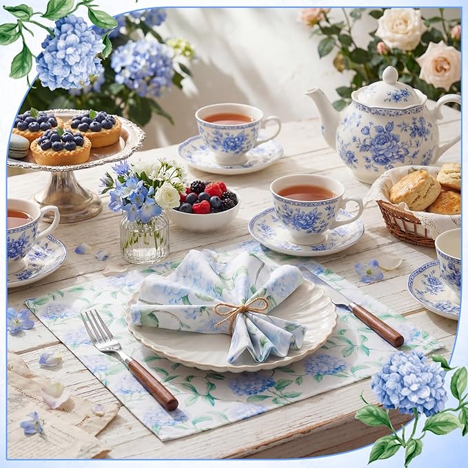 Blue Hydrangea Cloth Napkins 6 Patterns Washable Dinner Tea Party Napkins Reusable Plant Flowers Square Napkin Cotton Towel Decorative for Spring Wildflower Party(Blue Hydrangea,24 Pcs)