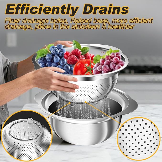 Stainless Steel Colander, 3Pcs Strainer for Kitchen Food with Handle Kitchen Gadget Food Strainer Basket for Washing Vegetables, Fruits, Rice, and Pasta, (2+2QT Colander + 3QT Mixing Bowl)