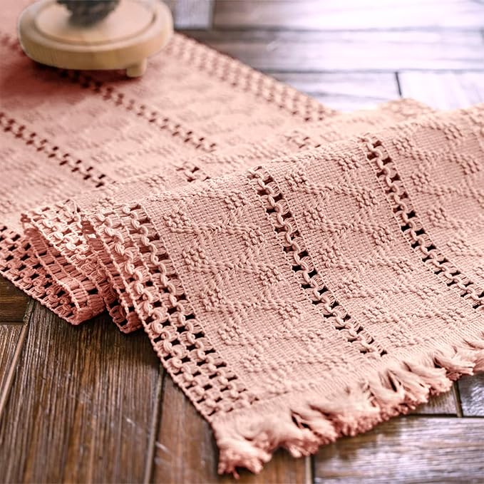 Alynsehom Macrame Table Runner Pure Pink Boho Table Runners with Tassels Hand Woven Cotton Table Runner Rustic Farmhouse Table Runners for Bohemian Kitchen Dining Table(12x48in)