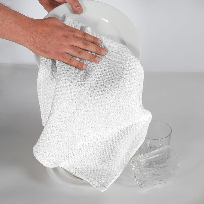 Native Fab 4-Pack Premium Waffle Kitchen Towels with Hanging Loop 16x26 inches, Soft Absorbent, Cotton Dish Towels for Cleaning Drying Dishes, White