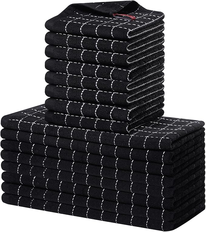 Homaxy Kitchen Towels and Dishcloths Set, 12 x 12 and 13 x 28 Inches, Set of 16 Bulk Cotton Terry Kitchen Towels Set, Checkered Designed, Soft and Super Absorbent Dish Cloths, Black