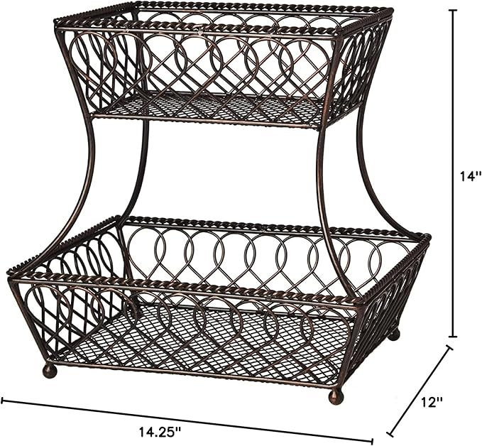 Gourmet Basics by Mikasa Loop and Lattice 2-Tier Rectangular Metal Countertop Basket, 14.25 x 12 Inches, Antique Black Finish, Kitchen Fruit and Bread Storage Organizer