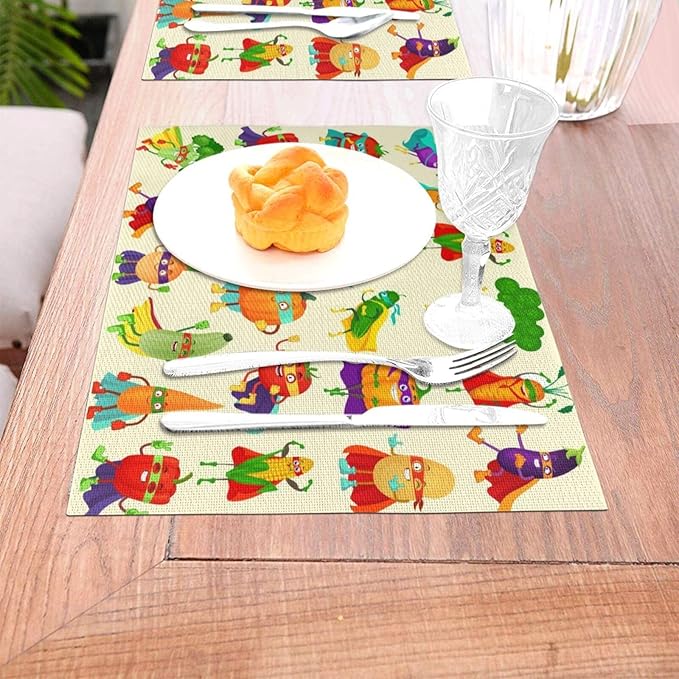 Vibrant Superhero Vegetable Linen Placemats Set of 4, Heat Resistant Non Slip Cute Place Mats for Dining Table, Kitchen, Kids’ Party, Family Gathering, Whimsical Home Decor, Gift for Children Parents