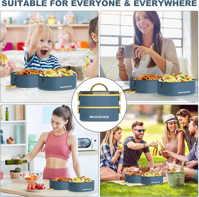 RIKDOKEN Lunch Box, Stackable 2 Layers Containers, Portable 64OZ Large Capacity Leakproof Bento Box with Spoon & Fork & Sauce Boxes, Microwave Safe Lunch Box for Kids and Adults