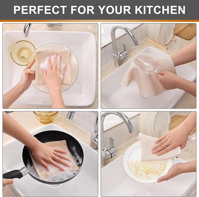Kitinjoy 100% Cotton Kitchen Dish Cloths (12 X 12 Inches, Beige), 12 Pack Waffle Weave Ultra Soft Absorbent Dish Towels for Drying Dishes Quick Drying Kitchen Towels Dish Rags