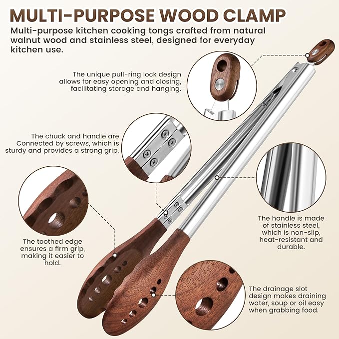 12-Inch Wooden Tongs for Cooking - Heat Resistant Natural Walnut Wood Kitchen Tongs, Stainless Steel Salad Tong with Walnut Wood Tips for Serving Food, Cooking, Tossing Salad, Grilling, BBQ (12 Inch)
