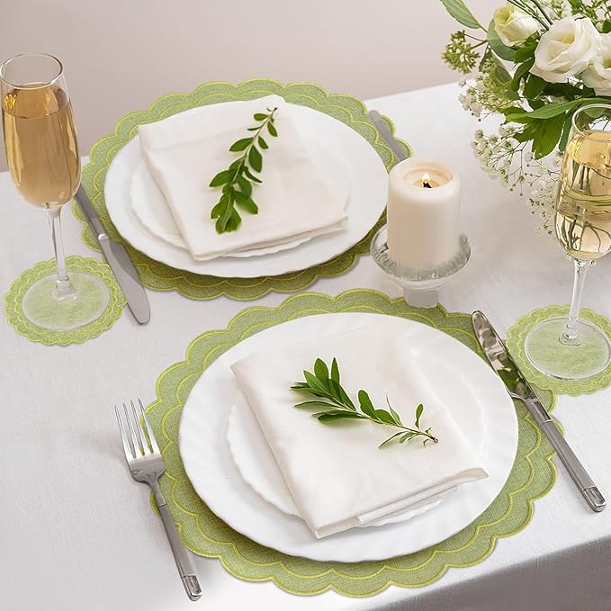 Set of 8 Cotton Linen Placemats Coaster, 15" Scalloped Embroidery Heat Resistant Placemats, 4.7" Kitchen Coaster, Double Layered Machine Washable Table Mat Set Rustic Dinner Table Decoration (Green)