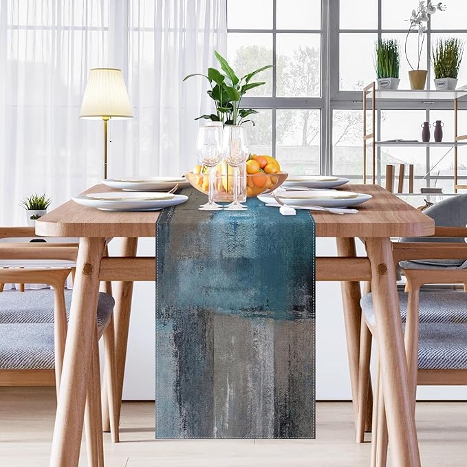 Emvency Blue and Grey Abstract Table Runner, Modern Oil Painting for Kitchen Coffee Table Family Dinners Holiday Parties Wedding Events Decor(13x72 inch)