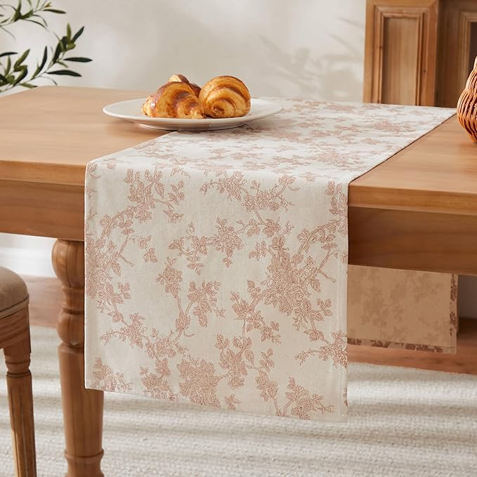 100% Cotton French Pastoral Table Runners, 13x60 Inch Taupe Farmhouse Table Runners 60 Inches Long, Vintage Flowers Print Home Decors