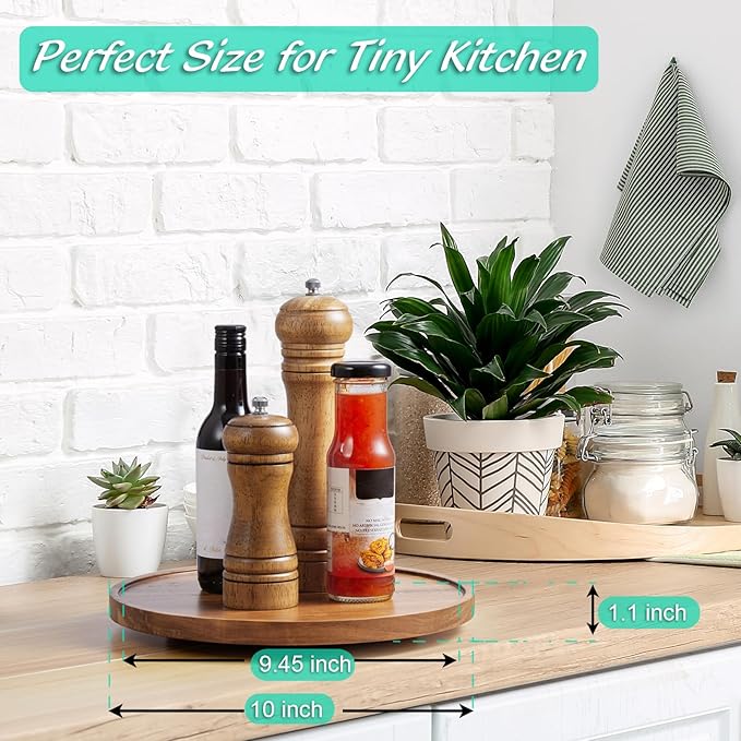 10" Acacia Wood Lazy Susan Turntable Organizer for Cabinet, Round Serving Tray Decorative Tray Vintage Centerpiece Candle Holder Tray, Farmhouse Tray for Kitchen Countertop Coffee Table Decor