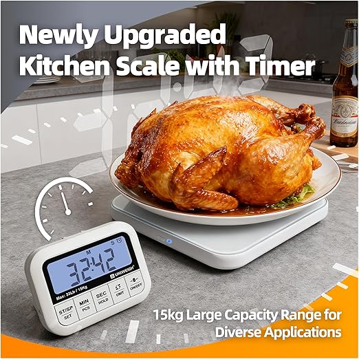 UNIWEIGH Digital Kitchen Food Scale 33lb-Detachable LCD Display,1g/0.1oz Precise Electronic Weight Scale for Baking, Tare/Hold/Timer Function, Glass Platform, Count Mode, Wall-Mount & Tilt Stand