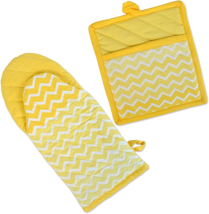 DII Quilted Kitchen Oven Mitt & Potholder Set, Hanging Loop for Convenient Storage, OM 6x13/PH 8x9, Ombre Yellow Chevron