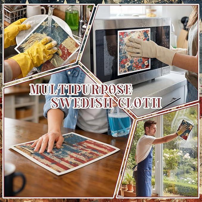 Tegeme 8 Pcs Patriotic Swedish Themed Dishcloth 4th of July American Flag Kitchen Dish Towel Absorbent Cotton Reusable Towel 250 Anniversary for Independence Day Home Party Counter Wipe, 6.8 x 7.7''