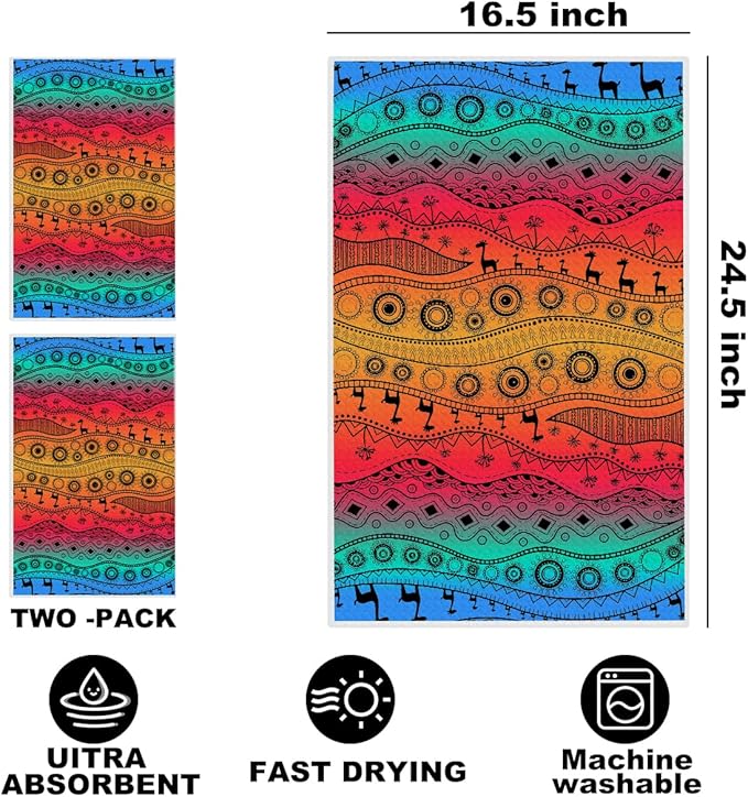 2 Pcs Colorful Boho Kitchen Towels, Soft Absorbent Tea Hand Towel, Microfiber Dish Cloths for Drying Dishes, Waffle Dish Towels for Kitchen Bathroom Home Decor, Housewarming Gifts for Women Mom