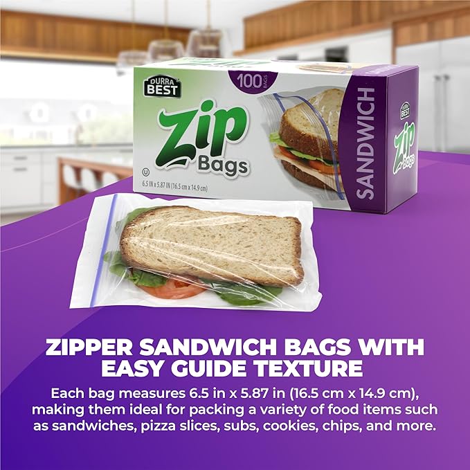 Sandwich Zip Bags - 100 Count | Leak-Proof, Freezer Safe & Reusable Food Storage Bags for Lunch & Snacks | Durable BPA-Free Seal | DURRA BEST