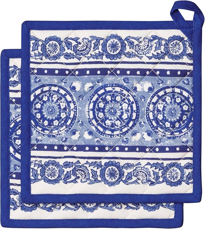 Maison d' Hermine Pot Holders 100% Cotton Heat Resistant Potholders 8" x 8" Hot Pads with Loop BBQ Cooking Baking Gifts for Mothers Day Handling Hot Pans Spring/Summer (Pack of 2, Melodie Bleue)